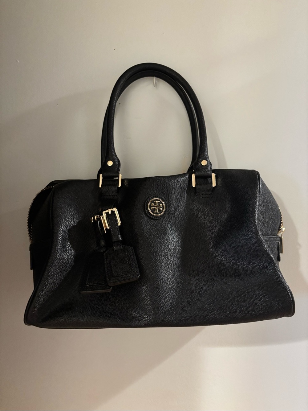 Tory Burch Black Pebbled Leather Satchel with Gold Hardware